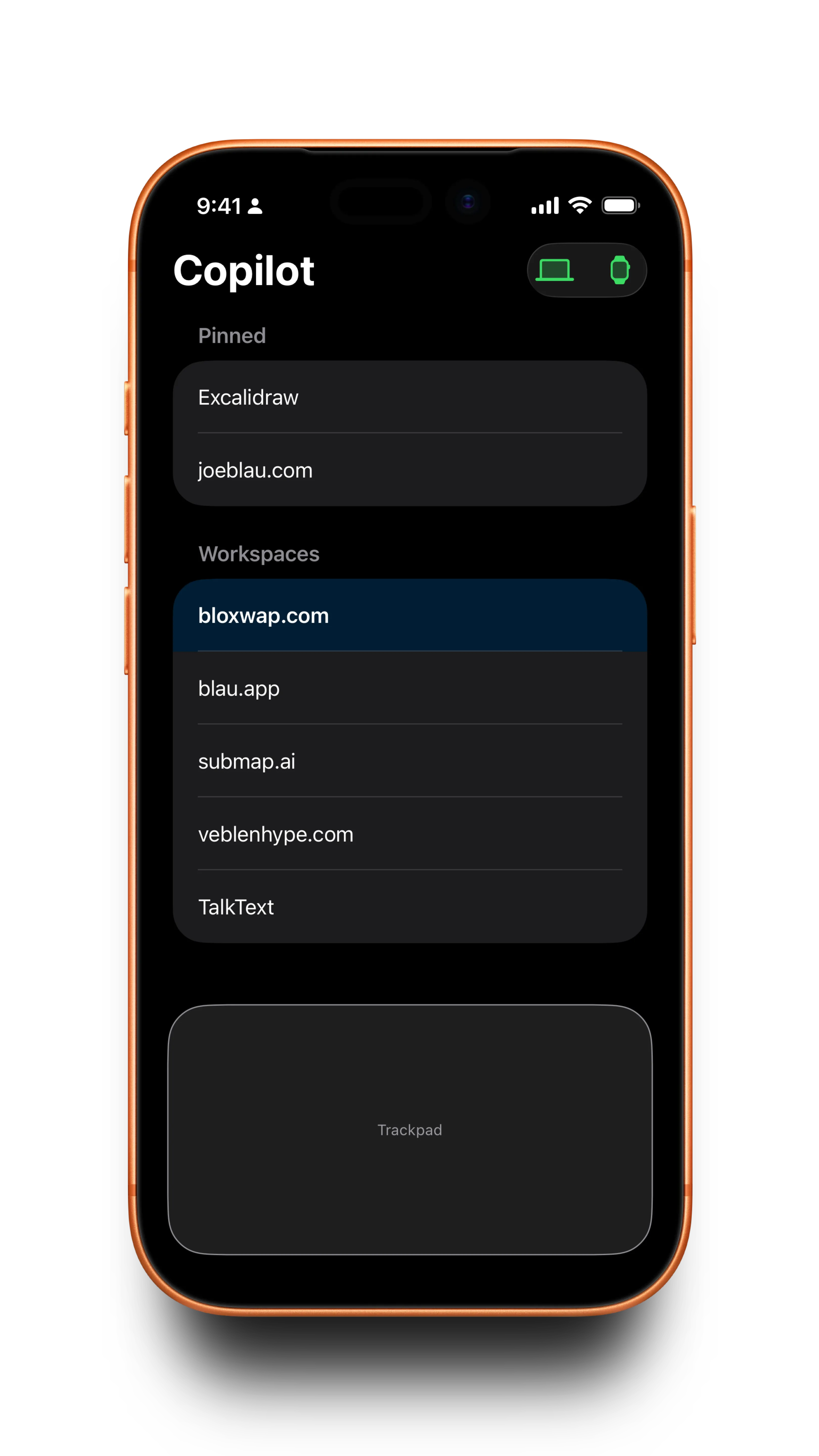 Copilot — iOS companion showing workspace list and trackpad